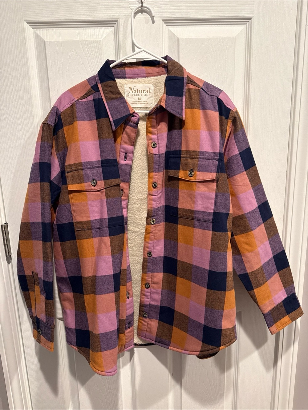 NWT Natural Reflections Pink Orange Navy Plaid Sherpa-Lined Jacket